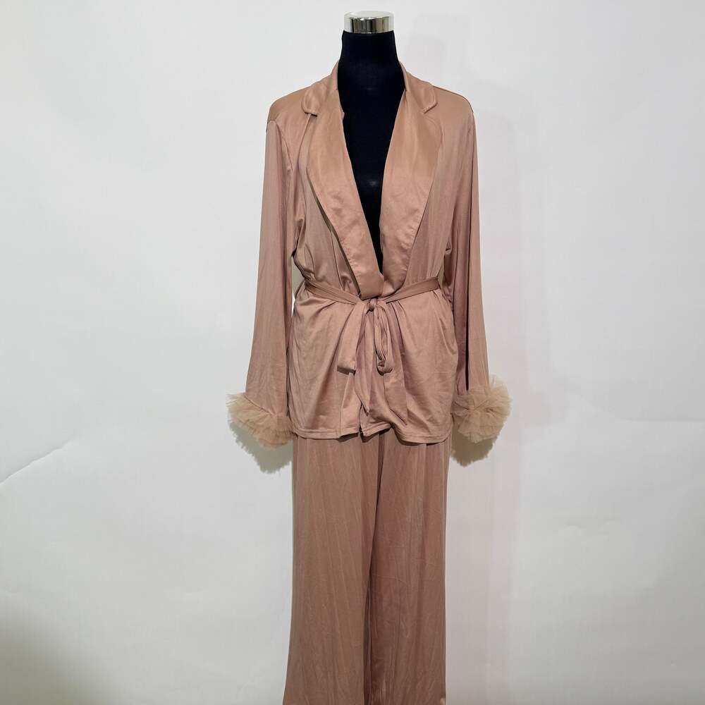 Feather-Trimmed Satin Pajama Set